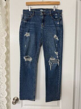 Old Navy • Distressed Blue Mid Rise Boyfriend Jeans Size 4